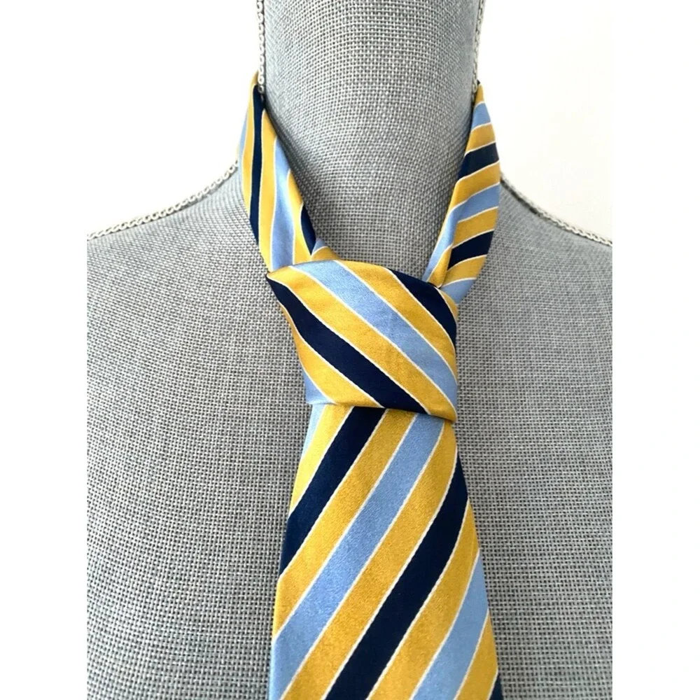 VTG Striped Yellow, Navy & Light Blue Men’s Silk Tie Preppy Bright Office Y2K
